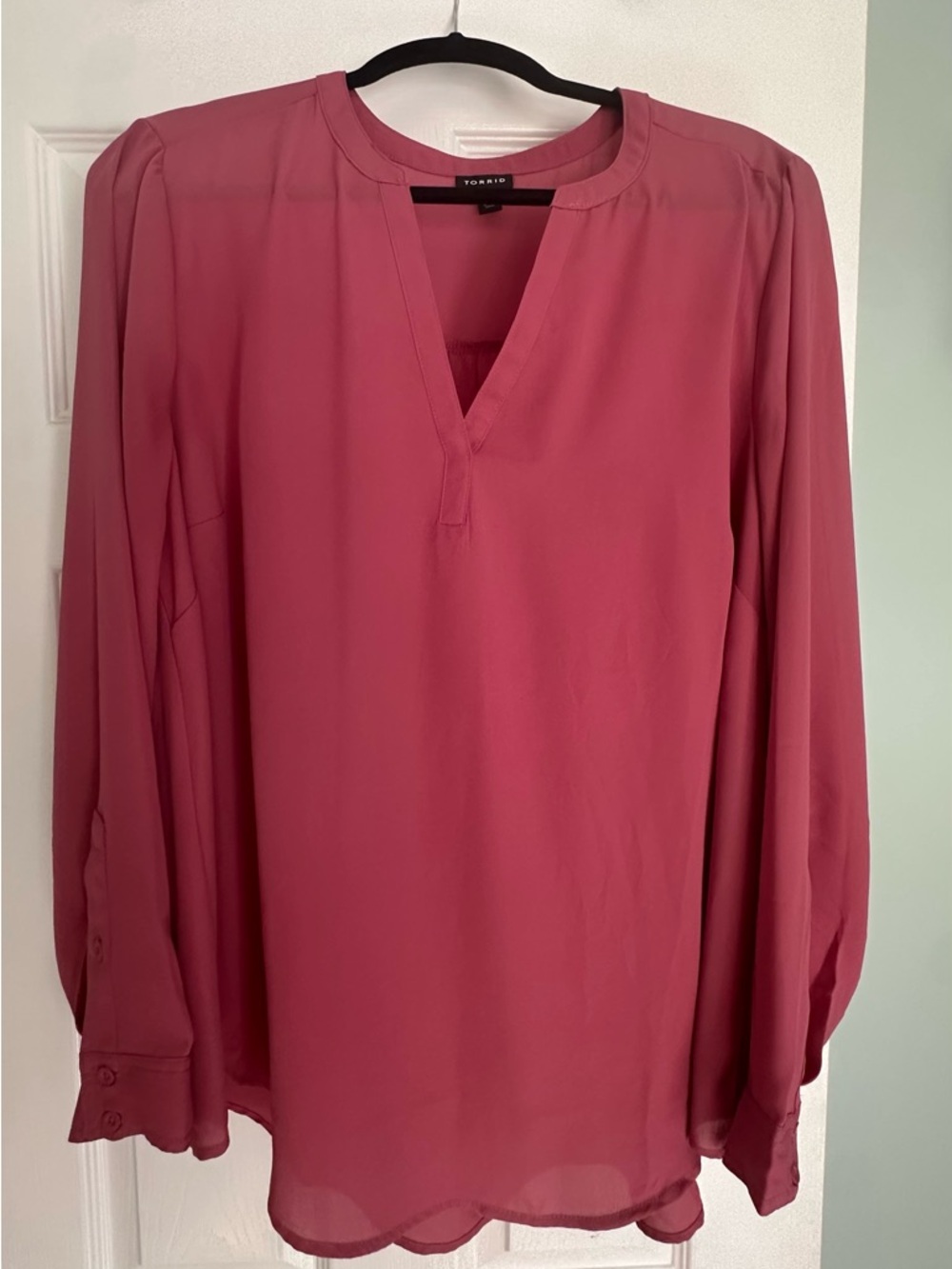 Long sleeve Harper style blouse from Torrid in dusty rose/mauve